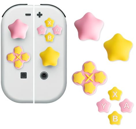 PERFECTSIGHT ABXY - Juego de tapas de botón de silicona para el pulgar con almohadilla D, calcomanías para botones de llave compatibles con Nintendo Switch/OLED (rosa + estrella amarilla)