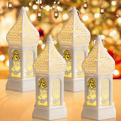 Vmxlso 4 Stück Ramadan Deko Laterne, Ramadan Dekoration Lampe, Eid Mubarak Dekoration Laterne mit Warmweiß Led Licht, Laterne Ramadan Deko für Islamische Muslimische Festival Dekorative