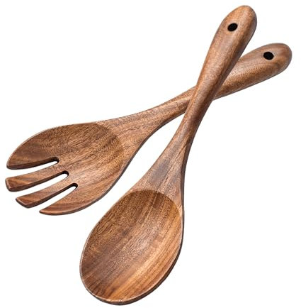 muso wood Juego de 2 cubiertos para ensalada de madera de acacia, 30,5 cm, tenedor y cuchara para ensalada, utensilios de cocina, mango largo, cuchara y tenedor