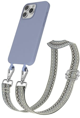 EAZY CASE - Hülle mit Band kompatibel mit iPhone 15 Pro Max Handyhülle für iPhone 15 Pro Max Schutzhülle Silikonhülle Handykette zum Umhängen 2in1 Hülle Handykordel Wellen - Beige Blau Metall Silber