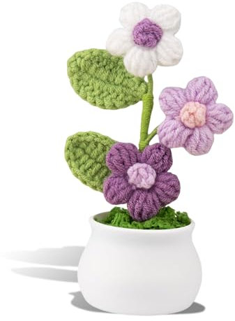 Kotkiddy Flores de Ganchillo en Maceta, Flores de Colores con Gradiente, Flores Artificiales para Decoración Floral, Regalo para San Valentín. (Blanco Lila)