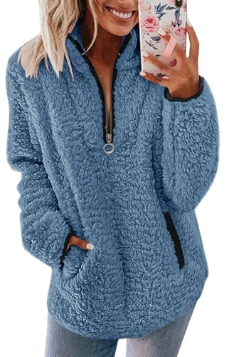 Nilimoph Maglione da donna in pile soffice felpa in pile felpato casual top sfocato 1/4 zip fino a maniche lunghe colletto alla coreana accogliente cappotto top con tasche, Blu, S