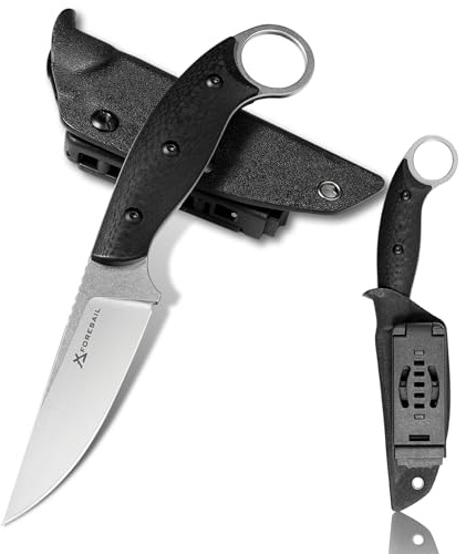 FORESAIL Outdoor Messer Survival, Full-Tang,AUS-10-Stahl, Griff aus G10 und Kohlenstofffasern, Kydex-Scheide. EDC-Messer, geeignet als Outdoor-Wander- und Campingsmesser (Graue stonewashierte Klinge)