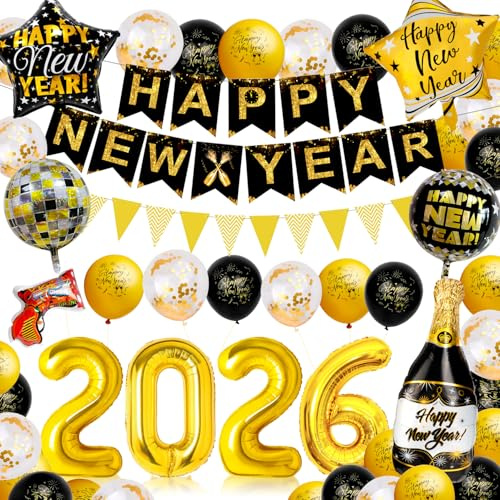 Silvester Deko 2026,Neujahr Ballon Gold Schwarz,Luftballons Silvester 2026,Happy New Year Banner,4D Discokugel und Luftballon Folienballon Aufblasbare Feuerwerkspistole,Neujahrsdeko für Silvesterparty