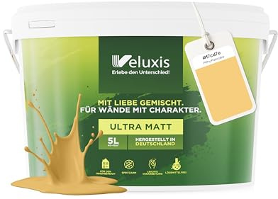 Veluxis® Pintura de pared amarilla para interiores - 5 litros y opacidad clase 1, sin vetas, antigoteo, ecológica y sin COV - (Playful Pineapple)