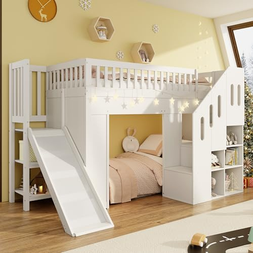 Zravenna Lit mezzanine en bois massif 90 x 200 cm avec toboggan et étagère, lit d'enfant multifonction avec armoire d'escalier, protection anti-chute, rampe stable, blanc