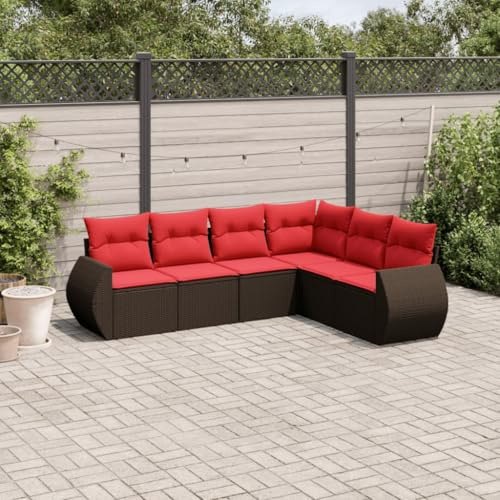 Bucmath 6-teiliges Gartensofa-Set, braun, Polyrattan, mit roten Kissen, modular, wetterfest, für Terrasse, Balkon, Garten