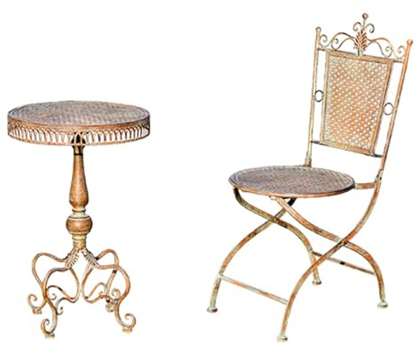 Retro Outdoor Beistelltische mit Gartenstuhl, witterungsbeständiger runder Bistrotisch, Metall Beistelltisch mit Blumenausschnitten für Terrasse, Hof, Balkon & Garten