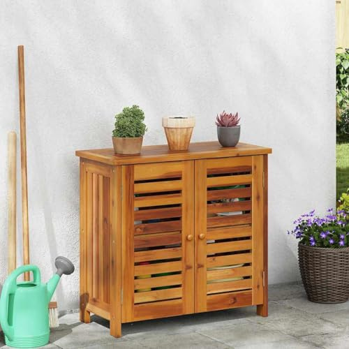 Hoopleep Armoire de jardin naturelle en bois d'acacia massif, 75 x 35 x 70 cm, avec 2 étagères et portes, résistant aux intempéries, pour le rangement des outils et appareils en plein air