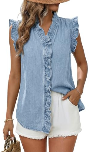 Dokotoo Sleeveless Tops for Women Cowboy Chic Ruffle Jean Top Beau Blue XL
