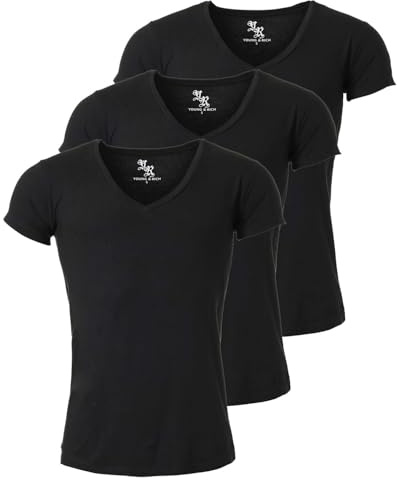 Young & Rich Herren Uni T-Shirt mit extra tiefem V-Ausschnitt slimfit stretch Dehnbare Passform einfarbiges Basic Shirt - 3er Pack
