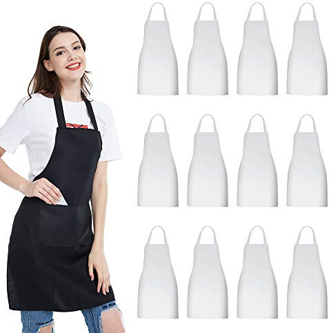 NOBONDO, Paquetes de 12 delantales blancos, unisex, con 2 bolsillos espaciosos, lavable a máquina para cocina, manualidades, barbacoa o dibujo