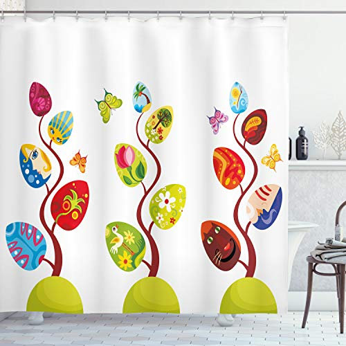 ABAKUHAUS Kids Duschvorhang, Magic Tree Thema Ostern, Wasser Blickdicht inkl.12 Ringe Langhaltig Bakterie und Schimmel Resistent, 175 x 180 cm, Grün Gelb