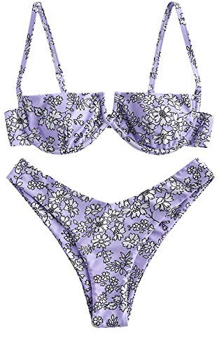ZAFUL Bikini Set de Dos Piezas Floral Corte Alto Bikini con Arco & V Bañador para Mujer (Morado, L)