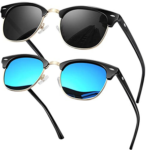 KANASTAL 2 Pairs Blue Sunglasses Polarised Mens Semi Rimless Womens Retro Horn rimmed UV400 Protection - Half Frame Blue Mirrored + Shiny Black Lens
