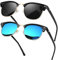 KANASTAL 2 Pares Gafas de Sol Azul Polarizadas Hombre y Mujer Medio Marco Espejo Clásico Retro Vintage Elegant UV400 - Negras Azul + Doradas Negro