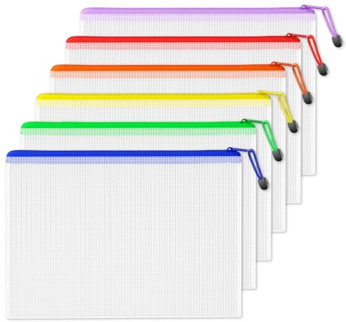 SUNEE Plastic Wallets A3, 6 Pack Mesh Zip Lock Document Wallets & File Bags, Waterproof Plastic Folders A3 for School, Office, Home and Travel Storage - 6 Colours