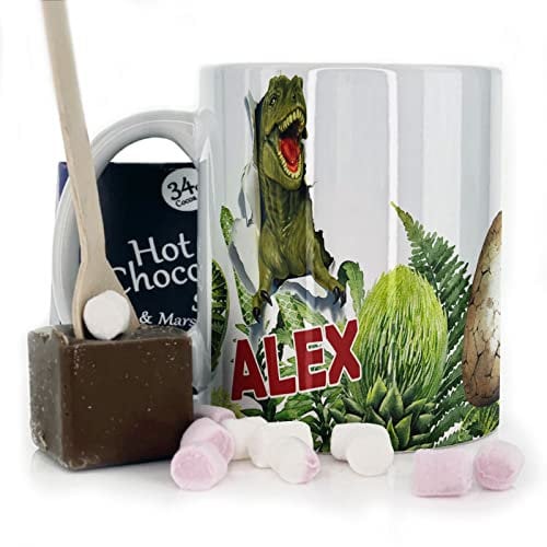 Personalised Mug and Belgian Milk Chocolate/Hot Chocolate Stirrer Marshmallow Gift Set, Custom Name (11oz) White, Yellow, Blue, Black, Pink Mug with Name on Green Jungle Dinosaur Egg T Rex Design