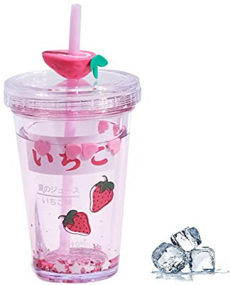Süße Wasserflasche mit Strohhalm, 445 ml Wasserflasche, doppelwandige Glitzer-Trinkflasche mit Strohhalm, Kawaii Erdbeere Muster, Kawaii Stuff Avocado-Tasse für Geschenke (Rosa)