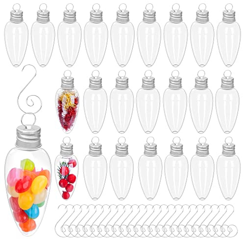 Watayo 24 PCS Christmas Booze Balls, Fillable Booze Tree Ornaments with S Hook, Light Bulb Ornaments for Crafts, Clear Plastic Xmas Decoration Boozes Ball for Xmas Home Party Decor