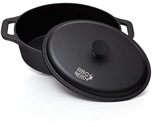 BBQ-Nerd© - Cacerola con tapa (ovalada, 33 x 26 cm) de hierro fundido 6,4 L | Cacerola de hierro fundido | Cocotte para cocción lenta - estufa, horno y parrilla