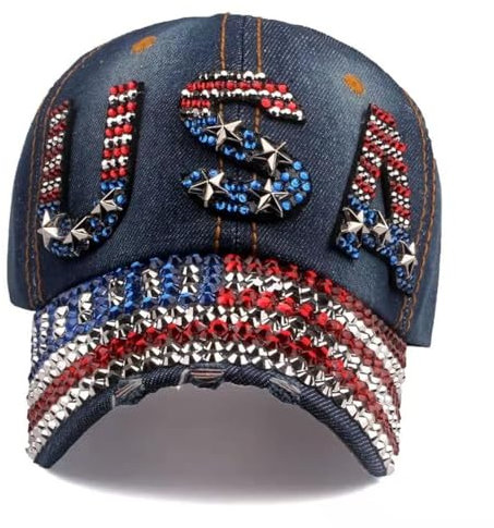 Natalie Mills Bling Patriotische Mütze Bling Baseball Hat! Baseball Cap! Damen Baseball Hut! Strass Hut!, Usa Dark Denim, Einheitsgröße