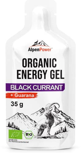 AlpenPower Bio Energy Gel Black Currant 12 x 35 g - 100% natürliche Kohlenhydratgel ohne Zusätze - Mit Koffein aus Guarana - Schnelle & langanhaltende Energie - Booster für Sport