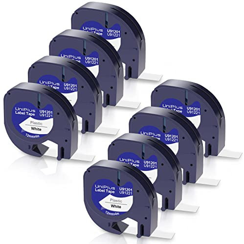 UniPlus Kompatibel für 91221 Etikettenband 91221 91201 S0721660 12mm x 4m Kunststoff Schriftband für LT-100H LT110T LT-100T XR 200B QX-50, Schwarz auf Weiß, 8-Pack