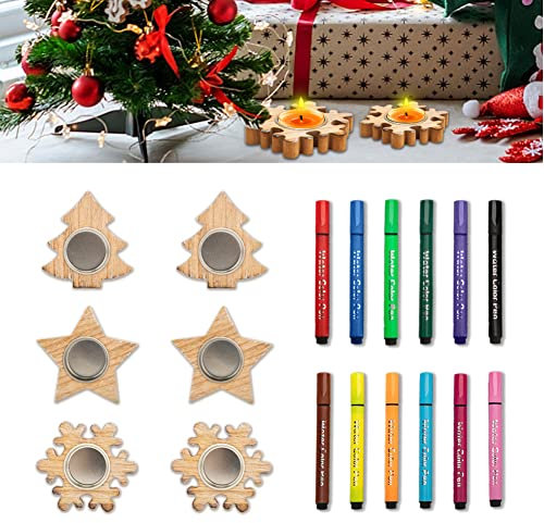 Gohytal Teelichthalter Valentinstag Ostern Eid Ramadan Tauf, 6 PCS Teelichthalter aus Holz mit Aquarellstifte 12 Fabren, Teelichthalter Personalisierbar, Kerzenständer Holz Tischdeko für Wohnzimmer