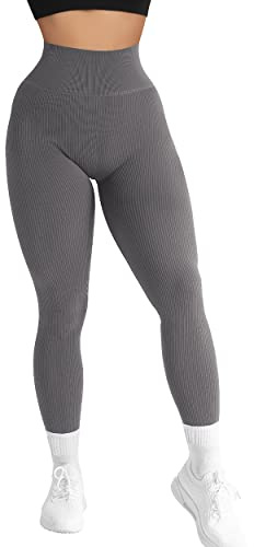 RXRXCOCO High Waist Gerippte Sport Leggings Damen Lang Blickdicht Nahtlose Kompressions Sporthose Gym figurbetonte Laufhose
