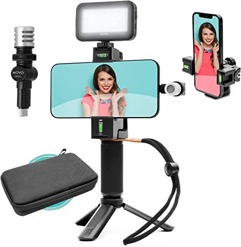 Movo uVlogSK Starter Kit für Content Creators - Smartphone Video Vlogging Kit für Android und USB-C Geräte - Inklusive USB-C Mikrofon, LED-Videoleuchte, Telefonhalter, Griff und Mini-Stativ