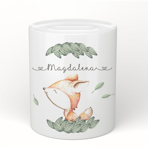 Manufaktur Liebevoll Personalisierte Spardose Kinder Fuchs Spardose Mädchen Kinderspardose Junge Spardose mit Namen Spardose Fuchs Keramik (Motiv Magdalena)