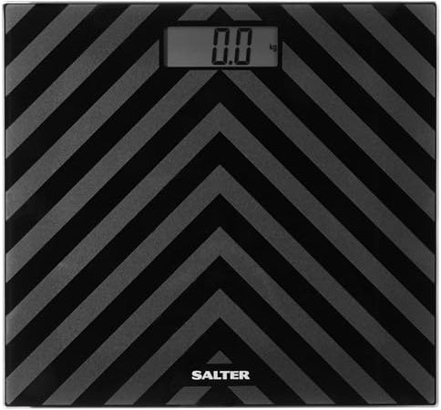Salter Digital Bathroom Scale - Electronic Digital Bodyweight Scale, Black Chevron Glass Platform, 180kg/28st 8lb, LCD Large Display, Step On Instant Accurate Readings, Slim Storage, Includes Battery