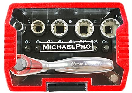 MichaelPro MP012006RD 1/4 Mini High Torque Mini Ratchet Screwdriver 17 in 1 Short Quarter Ratchet with Bits, Slotted and Adapter