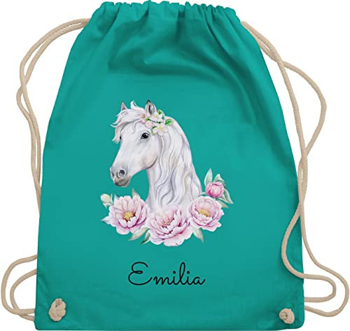 Turnbeutel Rucksack - Pferde - Pferdemotiv Pferdekopf Pferd Name - Unisize - Türkis - beuteltasche sportbeutel mädchen kindergarten für pferdeliebhaber bag beutel kita