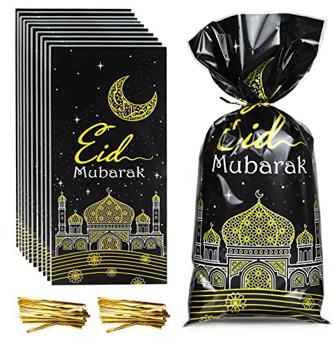 100 Stück Eid Mubarak Tüten, Ramadan Thema Geschenktüten Partytüten Säckchen, Ramadan Zellophan Tüte Kunststoff Goodie Tasche mit 100 Twist Krawatten für Eid Mubarak Party Deko(Schwarz)