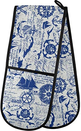 Double Oven Glove Vintage Nautical Marine Heat Resistant Double Ovens Mitt Modern Cooking Gloves Potholders