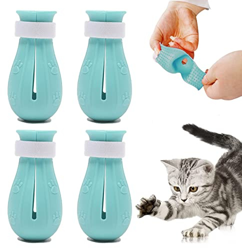 Cat Boots for Cats Only, 4 PCS Anti-scratch Cat Foot Covers Adjustable Prickly Anti-off Cat Shoes, Silicone Cat Paw Covers Protector Claw Care for Cats Bathing Grooming Shaving and Treatment (Green)