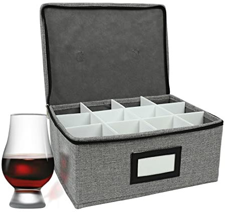 HURZMORO Storage Box for Glencairn Whisky Glass,6 Whiskey Glasses Holder for Organizer, Packing Boxes with Dividers for Moving,Perfect Whiskey Gift (12 compartments)