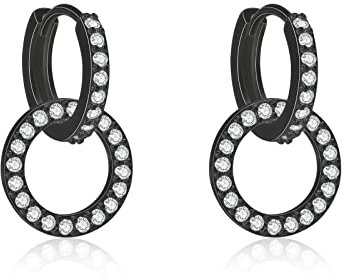Fcebsty Schwarz Ohrringe Silber 925 Hängend für Mädchen, 10mm S925 Sterling Silber Doppelter Creolen Mit Zirkonia, Double Circle Hoop Schmuck für Hochzeitsgeschenke für Frauen