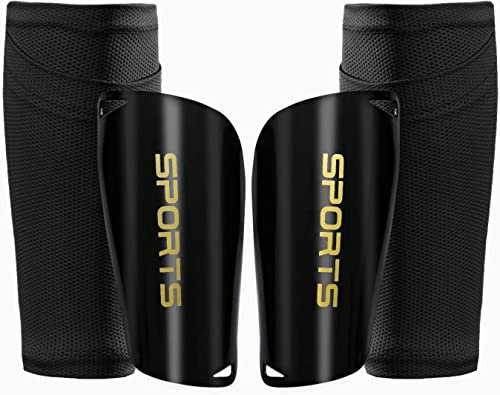 Espinilleras de Fútbol Con Calcetines y Tira Antideslizante - Ergonómicas Para Niños, Jóvenes y Adultos - Protección Total (S, Negro)