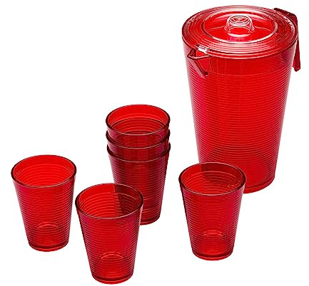 OMADA Set Caraffa da 2,1L con Coperchio e 6 Bicchieri Acqua da 275ml | Set per Servire con Caraffa e Bicchieri Impilabili 8x H10 cm, Ideale per Uso Esterno, Piscine o Feste