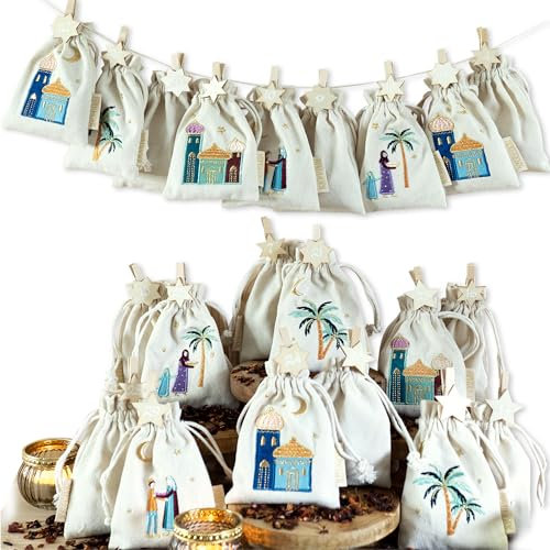 Papierdrachen DIY Ramadankalender zum Befüllen - für Kinder und Erwachsene - 15 bestickte und 15 unbestickte Baumwollsäckchen mit Zahlen und Baumwollschnur - colorful - wiederverwendbar - Set 7