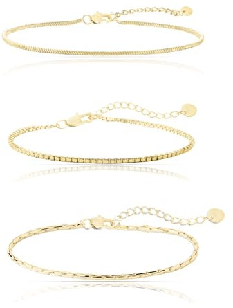 Made by Nami Herren Armband Set aus Edelstahl Silber/Gold • 2x Minimalistisches Armband Herren • Armbänder für Herren • Silberarmband Männer • Filigrane Cuban Link Chain Armkette (3er Set Gold)