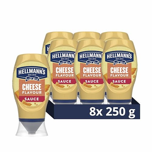 Hellmann's Cheese Flavour Sauce Condiment 100% recyclable bottle a gluten free cheese sauce suitable for vegetarians 8x 250 g