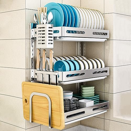 ANram Soporte de Pared para secar Platos Colgantes, escurridor de Platos, Estante de Almacenamiento Organizador de Platos de Cocina de 3 Niveles con Bandeja de Drenaje - Acero Inoxidable