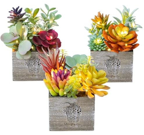 Mingfuxin Piante grasse artificiali, piccole piante finte con luci, assortite decorative in vaso per ufficio, scrivania, bagno, camera da letto, scaffali, finestre, decorazione della stanza
