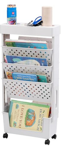 Libreria Piccolo Scaffale per Libri, DOEWORKS Carrello Portaoggetti Libreria con Ruote 5 Livelli Carrello Cucina, Carrello con Ruote per Soggiorno Biblioteca Camera da Letto Ufficio, Bianco