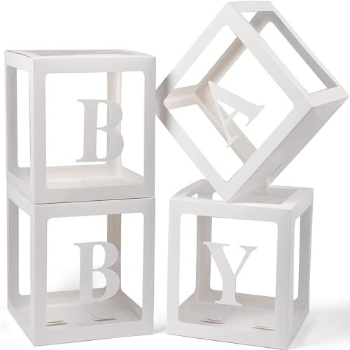 Royouzi Caja decorativa para fiestas, baby shower, paquete de 4 unidades, caja transparente con cuatro letras para bebé, adecuada para diferentes fiestas (bodas, cumpleaños, baby showers)