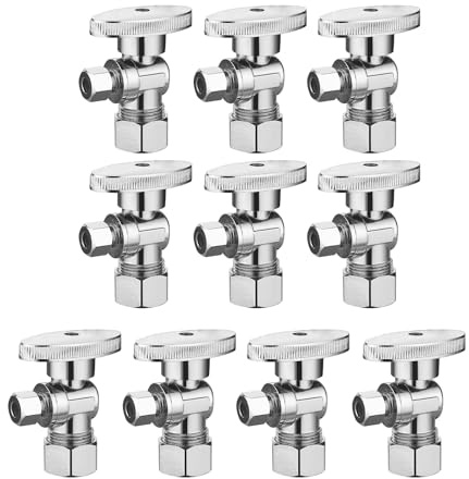 (10 Pack) BH Angle Stop Valve 1/2 Nominal Compression x 3/8 OD, 1/4-Turn Shut Off Valve, Chrome Plated Brass, for Bathroom Toilet Kitchen Shower Plumbing
